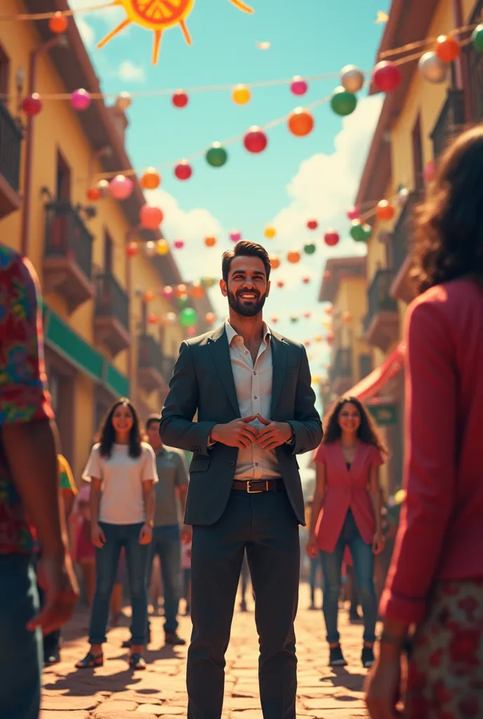 You can create an advertising image of a young man dressed in a suit, participating in organizing social events in the Mexican nation with other people