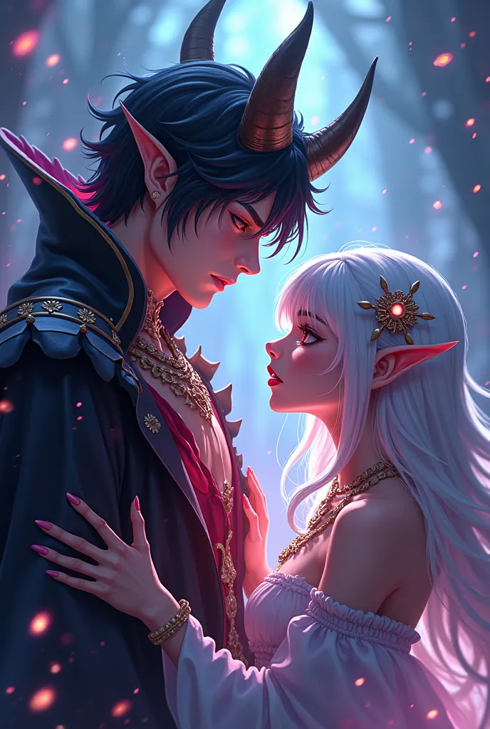 Create a anime cover of a demon prince and a hybrid girl with dna of duwarf human and elves