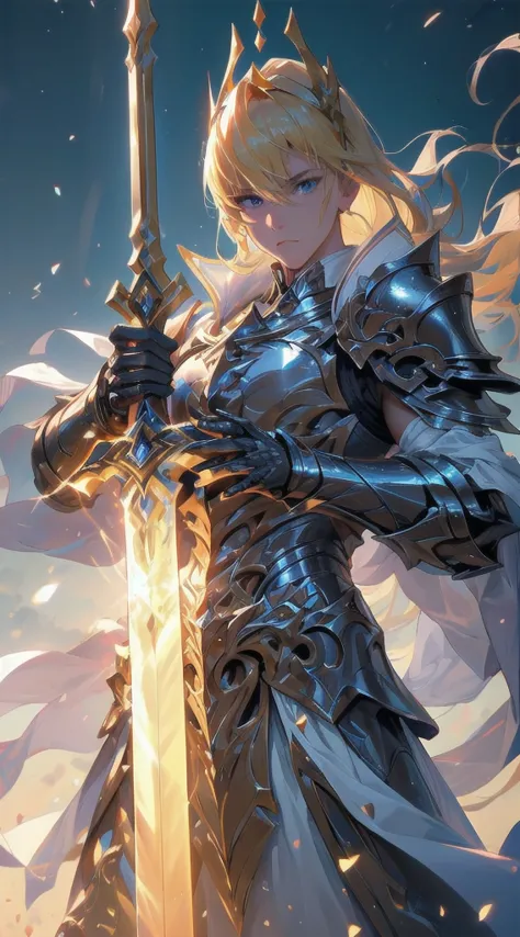 "An awesome male paladin wields a sword full of light, Exudes powerful light magic, claded in golden armor, blonde hair and a crown made of light. The setting is set in a dark and mysterious cityscape, Illuminated by the light of the Paladin's Sword. The c...