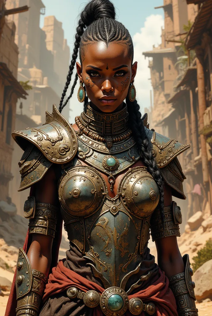 Sexy black african warrior girl, arabian tribal armor, intricate details, beautiful face, ((african black girl)), (((shaved hair except for a braid))), ((no hairs)), ((dark skin)), ((braids)), ((lot of jewelry)), piercings 