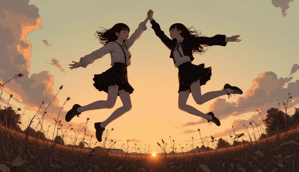  taken from below、fisheye lens、There are two high school girls jumping up and down in the air, dancing with each other,Sunset、 Shibuya、Easygoing, Dance with grace, Leap with arms up, silhouette s in field behind,  dancer ,  jump with joy , Expressing joy, ...