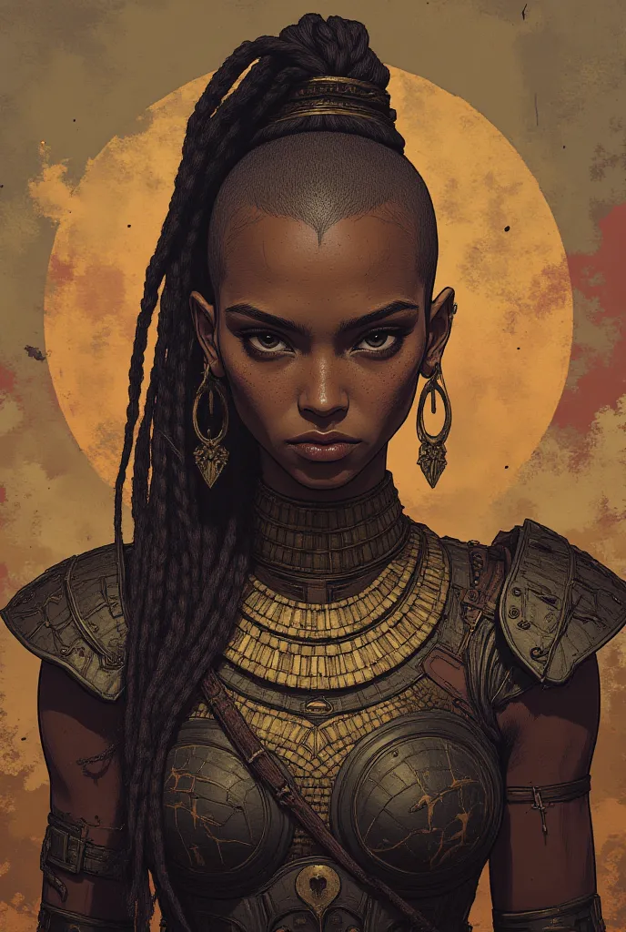 Sexy black african warrior girl, arabian tribal armor, intricate details, beautiful face, ((african black girl)), (((shaved hair except for a braid))), ((no hairs)), ((dark skin)), ((braids)), ((lot of jewelry)), piercings 