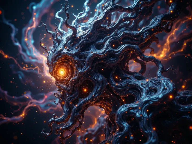 A surreal and abstract alien entity inspired by fractal geometry. Its form constantly shifts, composed of intricate, endlessly branching patterns and impossible shapes that twist and fold into themselves. The being appears otherworldly, with parts of its s...