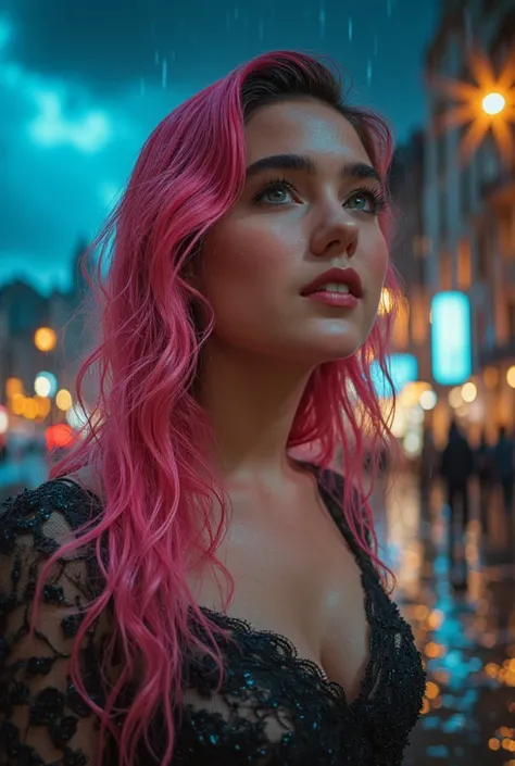 a close up picture of a woman's face looking towards the sky, as she looks up the (rain drops: 1.3) fall on her face, a very beautiful woman, long hair, pink hair, wavy hair, (elegant make up: 1.3) wet hair, closed eyes, she wears an elegant, intricate dre...