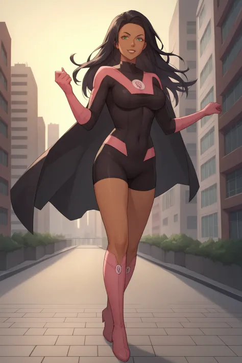 score_9, score_8_up, score_7_up, score_6_up, BREAK, latin heroine, brown skin tone, green eyes, black hair, long hair, big breasts, superhero, black cape, black bodysuit, prism symbol, long sleeves, pink elbow gloves, black pants, pink thigh boots, solo, f...