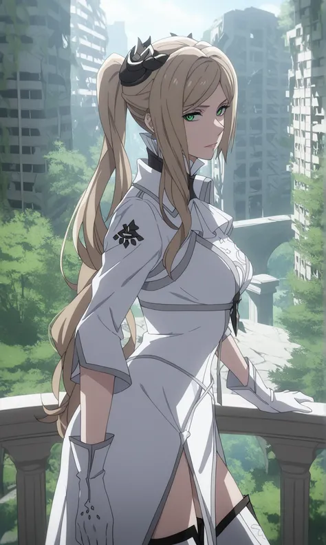 commanderwmv, 1girl, green eyes, long hair, ponytail, blonde hair, hair ornament, white dress, high collar, white gloves, ascot, thigh boots, neutral look, cowboy shot, looking at viewer, looking to the side, balcony, nature, forest, building, city, ruins,...