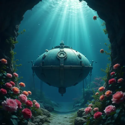 A time machine found in the water at the deepest depths of the ocean. There are roses and orchids around the time machine. Light hits the top of the machine. Time machine in a portal view. A simple look. The depths of the water are quite dark and quite dee...