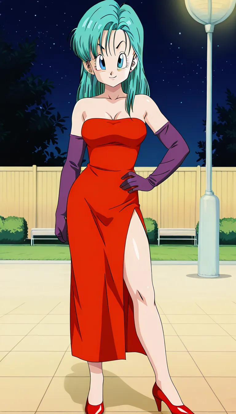 anime screencap, absurdres, high quality, official style, official style, 1girl, solo, bulma, DBZ, pre-namek saga, long hair, blue eyes, aqua hair, hair down, medium breasts, collarbone, cleavage, upper body, looking at viewer, bare shoulders, smile, half ...