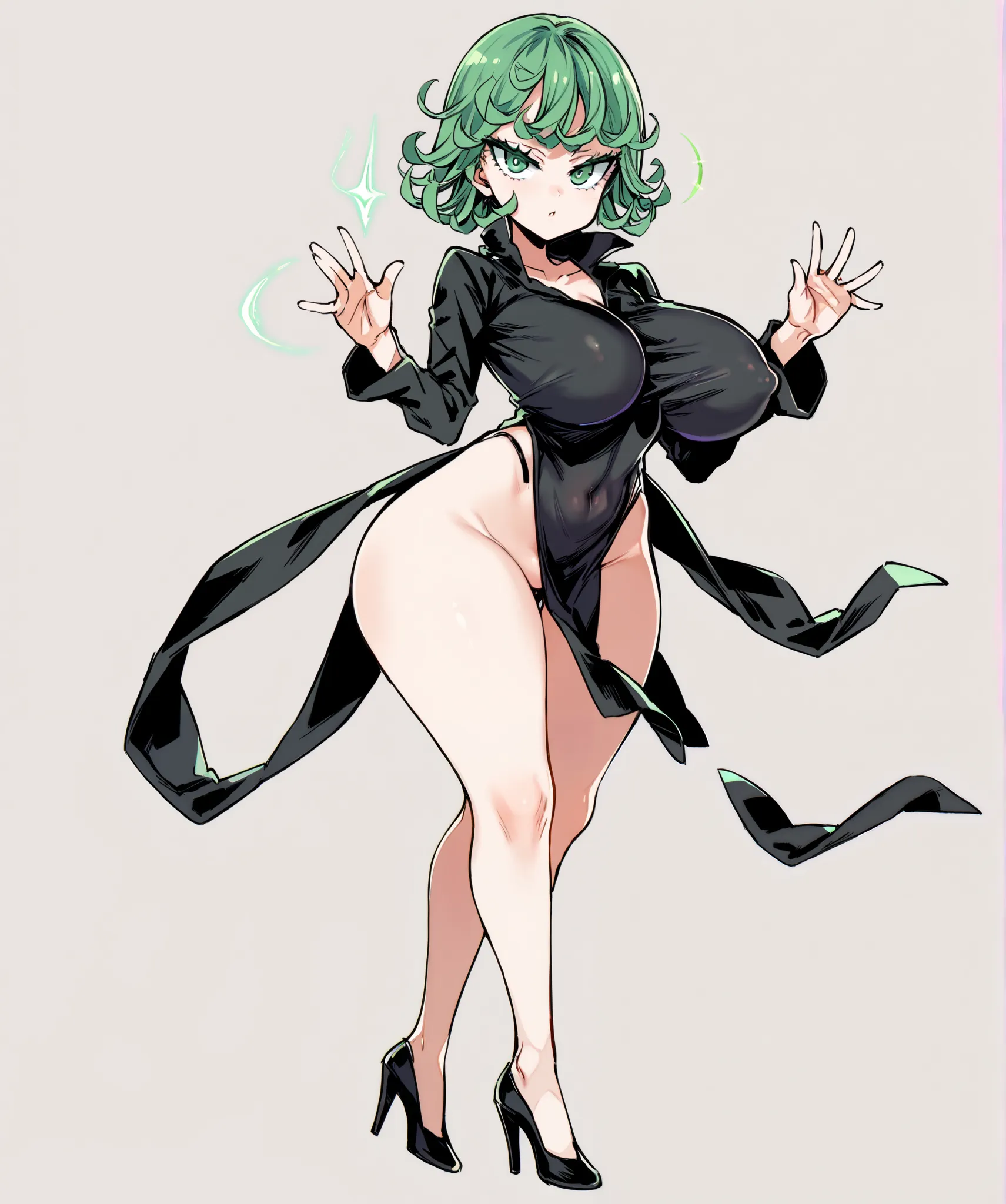 ((Highest Quality)), (Simple background), thick busty, massive breast, big ass, shortstack, long sleeves, dress, pelvic curtain, black dress, covered navel, highleg, ass visible through thighs, petite, telekinesis, high heels, tatsumaki, one-punch man, ful...