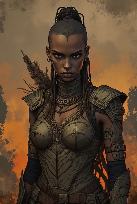 Sexy black african warrior girl, arabian tribal armor, intricate details, beautiful face, ((african black girl)), (((shaved hair except for a braid))), ((no hairs)), ((dark skin)), ((braids)), ((lot of jewelry)), piercings 