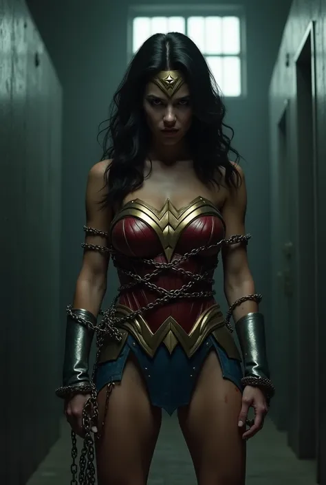 full body. Wonder Woman chained all over her body, in a dark cell acting as a prisoner of war, with a defeated and evicted expression on her face, , very sexy, Full image with ankle shackles, Wide angle, faint and gloomy lighting, Wide angle,  rendered in ...