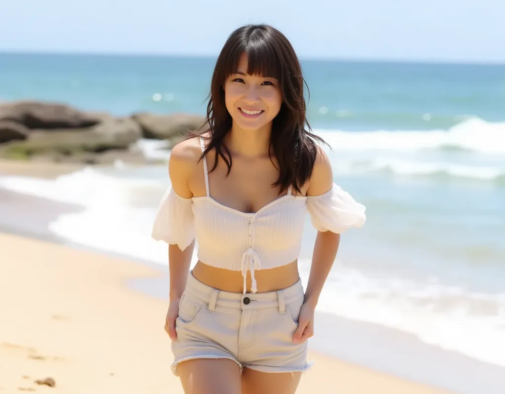 Japanese woman. smiling, full body shot, normal breasts, full body shot, cowboy shot, Japanese, full body shot, walking, full body shot, off-the-shoulder outfit, hands behind back, shorts、 sandy beach、 is running on the right hand、