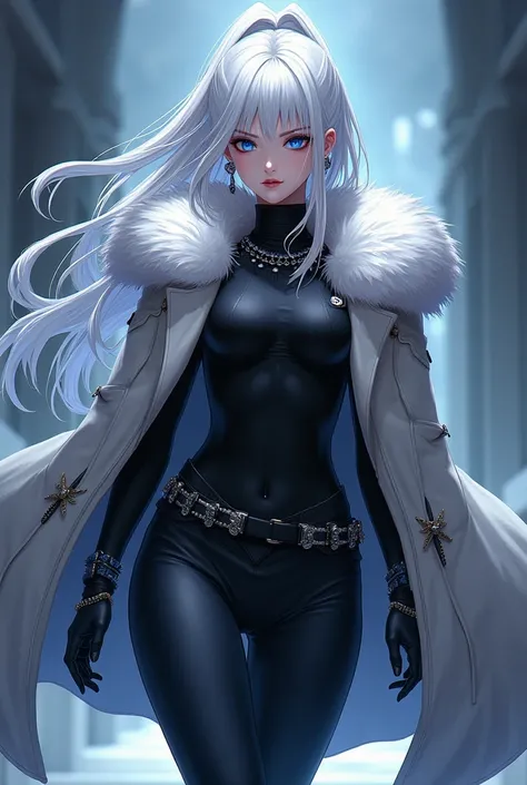 anime style, white hair, blue eyes, stylish,  Woman,  fur coat , powerful, Young, short hair, Meia- pants,  pants
