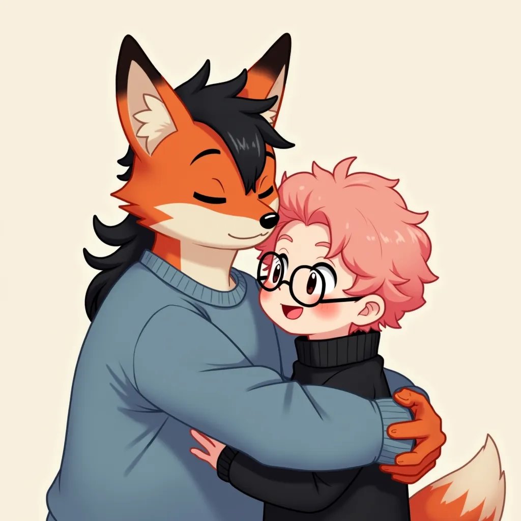 Cute anthropomorphic  male fox with black mullet hair, fake expander earrings, wearing a blue sweatshirt hugging a pink semi-curly haired boy with glasses, wearing a black turtleneck sweater.