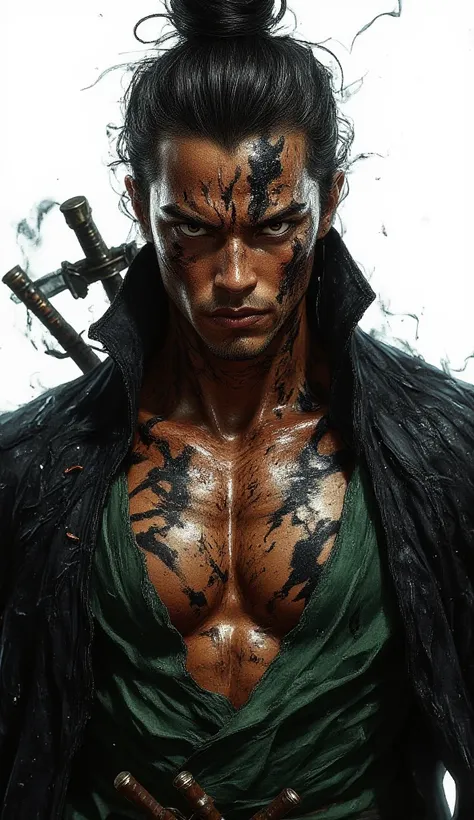 A hyper-realistic and intimidating portrait of Roronoa Zoro, the legendary swordsman from One Piece. Close-up staring in an intimidating way, exuding raw power and threat. He is muscular and physically imposing, wearing his signature green haramaki and a l...