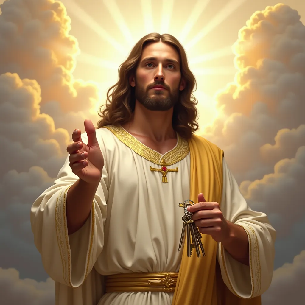  Jesus Christ looking straight ahead, wearing a white tunic with gold details. His countenance expresses authority and serenity. He extends one of his hands forward, hold firmly a set of keys, as if you were trusting something important to someone. The sce...