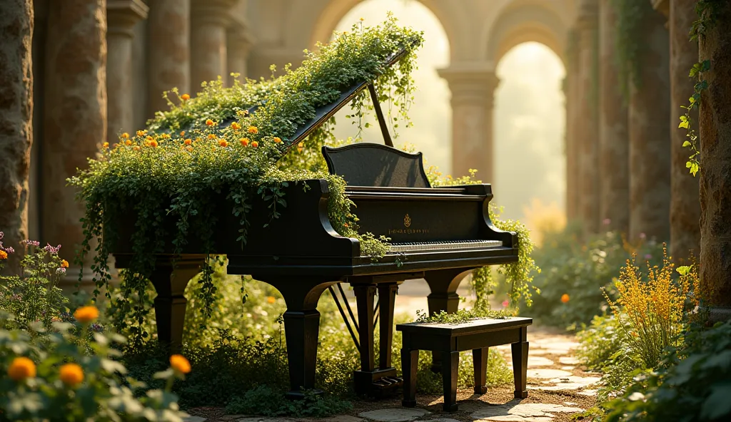 A grand piano covered in vines and wildflowers inside a ruined temple. Sunlight passes through the broken arches, creating golden reflections on the piano keys, while nature reclaims its space.