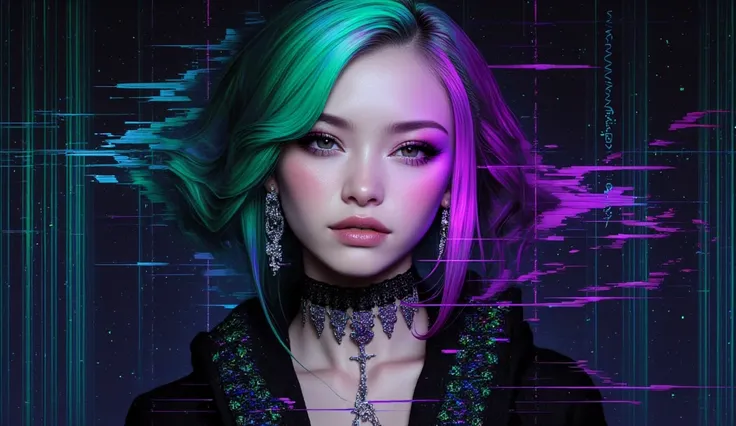 (8k resolution, best quality, ultra-detailed:1.3), (symmetrical hair split:1.2),  
[SeaArt Infinity], [MoriMee Gothic Niji Style:0.7], [Gothic Lace Weaver LoRA:0.6], [Cyber Glitch Enhancer LoRA:0.4],  
Character Design:  
- **Hair:** Left side (vivid emera...