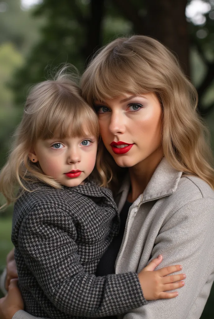 A beautiful mother of Scandinavian origin carrying her daughter of age 4. Both wearing red hot lipstick. Both staring at the camera. 8K resolution and quality.