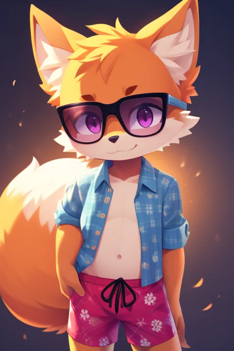 Quality, colorful background, wonderful work, high detail, beard, boy with ears, a fox tail, result 9_ result 5_, detailed body, open shirt, swim trunks, shota, purple eyes, sunglasses, best quality, wonderful work 