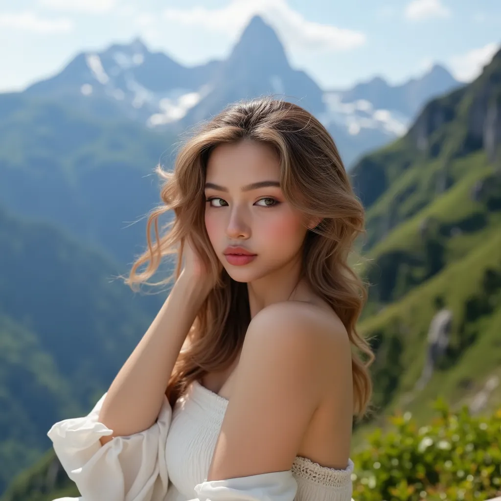 Beautiful girl  take a picture for her instagram  on the mountain 