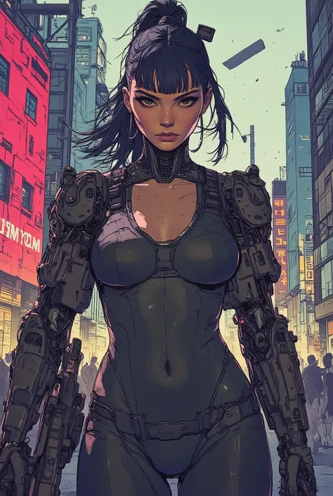 une femme cyborg sexy. cyberpunk. Composants cybernétiques. Vêtements cyberpunk . Queue de cheval et frange. poitrine tombante énorme. Très Large décolleté. Ville dystopique. Elle est armée d'un fusil de précision sniper. Elle porte une armure cybernetique...