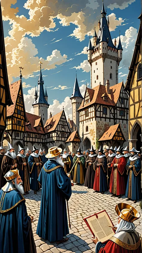 Illustration in medieval Gothic style, with a German village in the background, where an open-air court is set up. Villagers in richly colored robes and ornate hats surround a judge with a long white beard, holding a golden scroll. the judge,  with a solem...