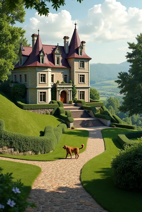 A large house with surrounding area on a hill with a door of parsley and chives and a dog 