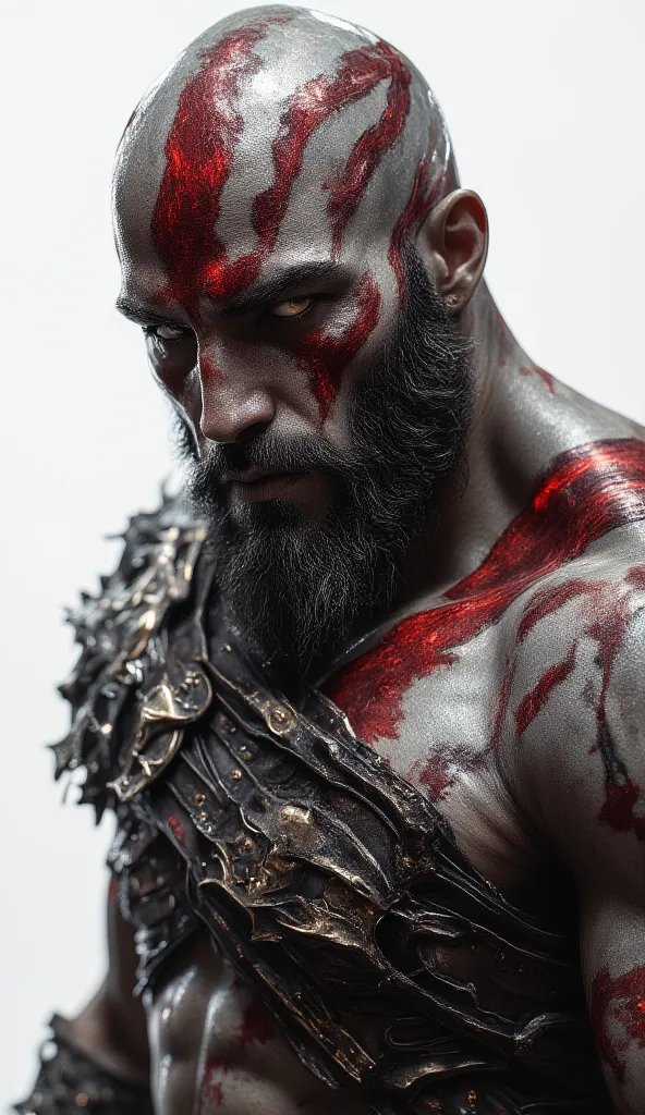 A hyper-realistic and intimidating portrait of Kratos, the Ghost of Sparta and the God of War. Close-up staring in an intimidating way, exuding raw power and divine wrath. He is muscular and physically imposing, his body covered in battle scars and the ash...