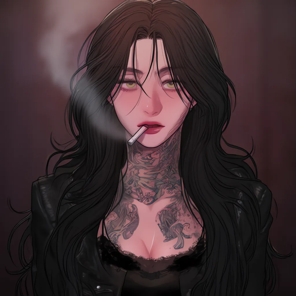 1 woman, mature female, sharp looks, long wavy black hair, glossy lips, green eyes, black leather jacket, with a black blouse underneath, from the neck down she is full of tattoos, holding a cigarette in the mouth 