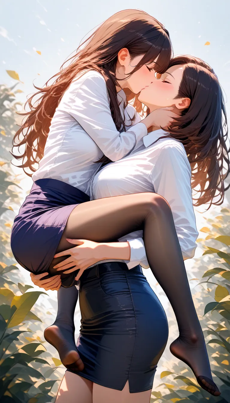 two women, dark pantyhose, no shoes, white shirt, pencil skirt, kiss, liftkiss, carrying, highly detailed, HD, 4K, Masterpiece, highres