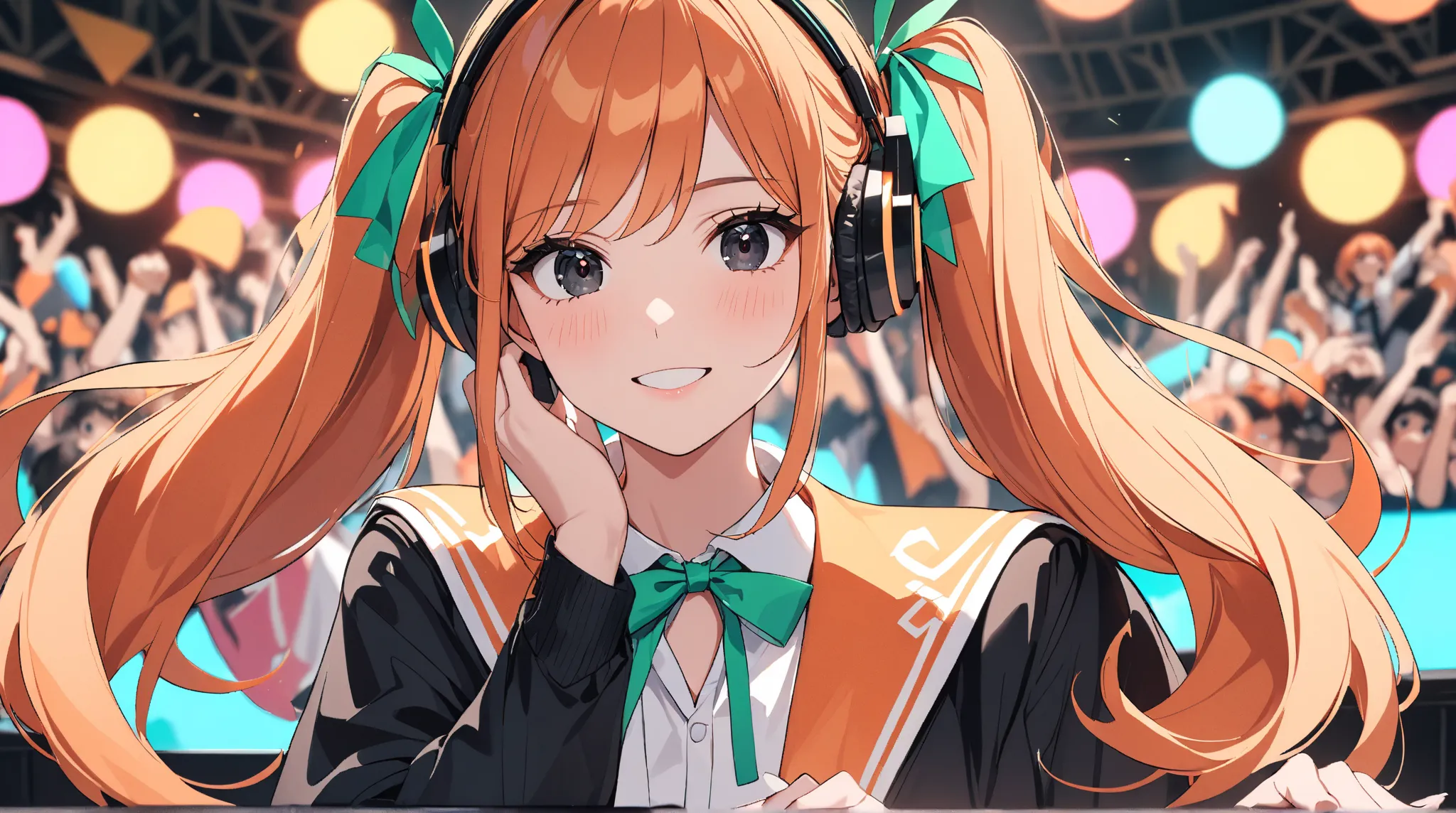 one girl,She is DJing in front of a large audience,her is energetic and smiles as he reacts to the fans' support,A woman wearing a japanese high school style uniform.A woman wearing a miniskirt,shocking orange in color,She likes the color shocking orange. ...