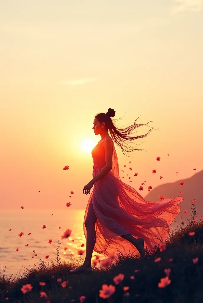 runs away from the mountain High quality,  8K Ultra HD, Прекрасная double exposure, which combines the silhouette of a goddess and a sunset on the coast, , the sunset coast should serve as a background, with its details,  incorporated into the silhouette o...