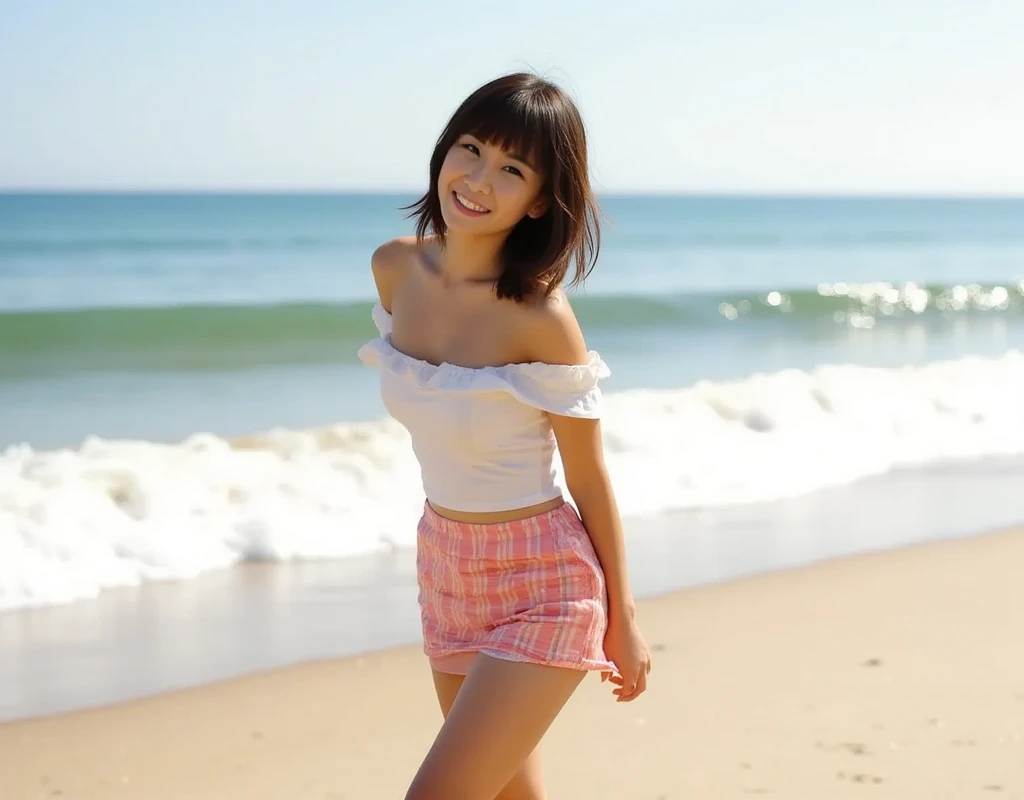  full body shot、miniskirt、Japanese woman. smiling, full body shot, normal breasts, full body shot, cowboy shot, Japanese, full body shot, walking, full body shot, off-the-shoulder outfit, hands behind back, miniskirt、 sandy beach、 is running on the right h...