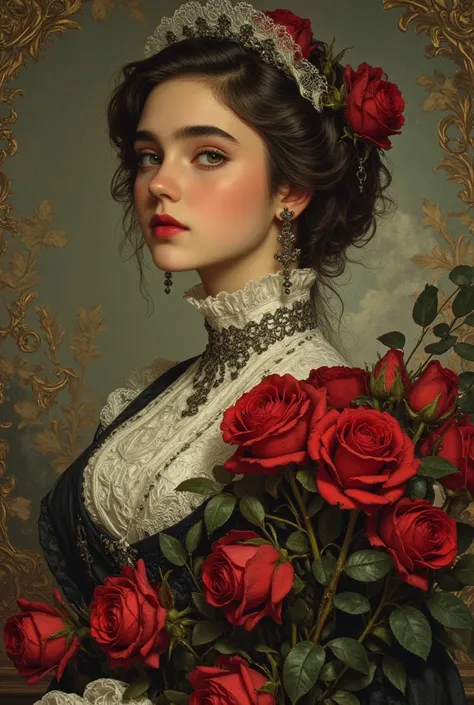 Portrait of an attractive young woman from the victorian era holding a bouquet of red roses