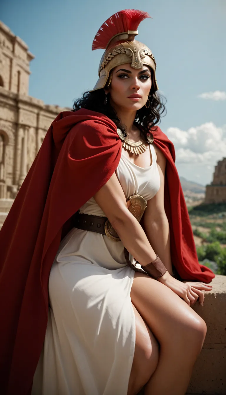 A warrior woman in an ancient greek helmet and a red cape, sits confidently with a sword, exuding strength and grace against a rugged landscape.