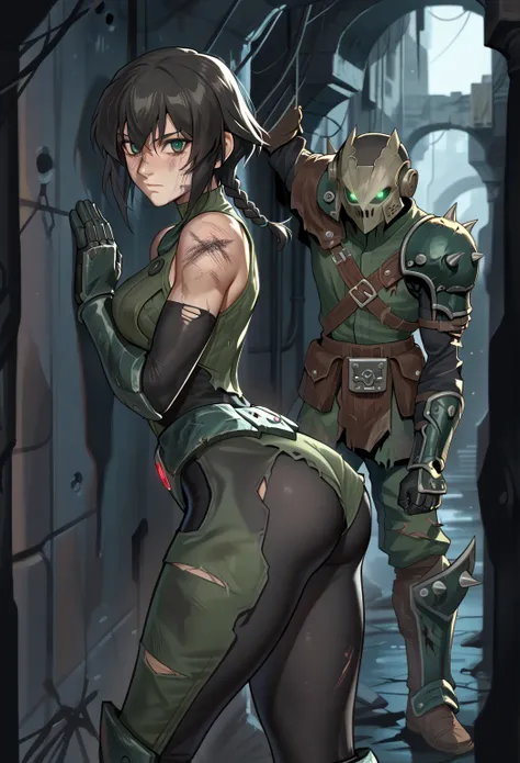 a strong and svelte human woman of about 23 years of age with black skin and with face resembling Motoko Kusanagi with a short assymetric hair cut with a small braid on a side and green eyes, wearing a light golden and blue chest thin plate armor with clot...