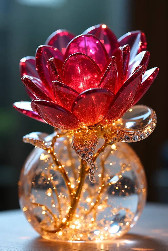 A ruby crystal rose set in diamonds and glass with molten gold
