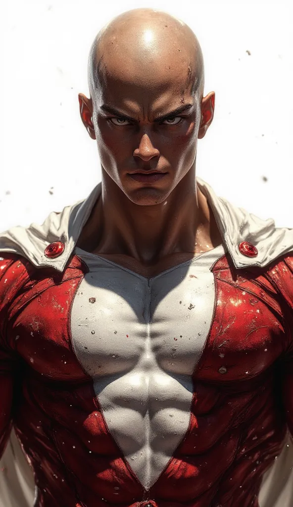 A hyper-realistic and intimidating portrait of Saitama, the One Punch Man. Close-up staring in an intimidating way, exuding raw power and effortless dominance. Despite his simple, bald appearance, he is muscular and imposing in his own unique way. His expr...