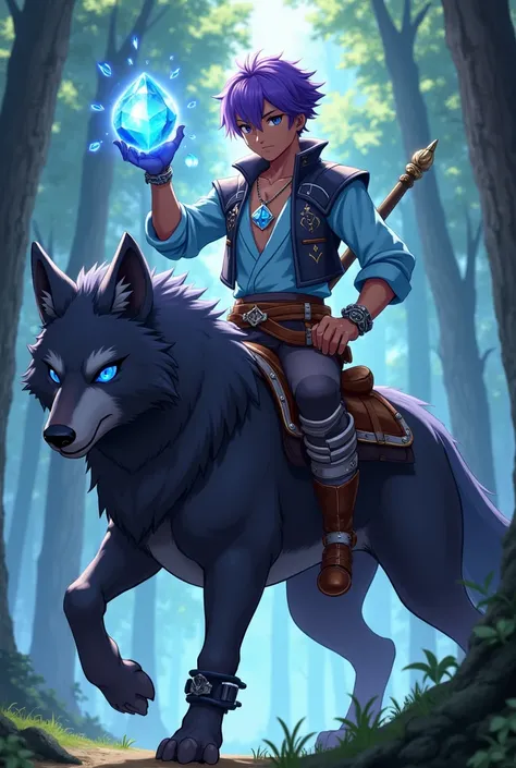 a 20-year-old with radiant black skin, short violet hair and bright blue eyes. He wears a reinforced leather vest with silver details and blue gems, a sky blue shirt, leather pants reinforced with metal plates, and thick leather boots. He wears a necklace ...