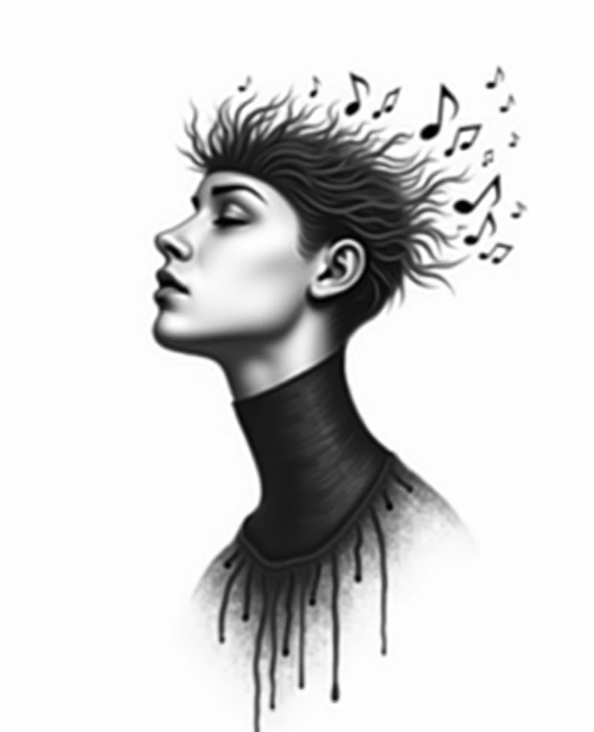 An illustration in black and white, surrealist and minimalist style, depicting a classic human bust with the top of the head cut horizontally. In place of the top of the head,  musical notes  (quilts, semi-minimal,  cleaves of the sun and fá ) emergem, flo...