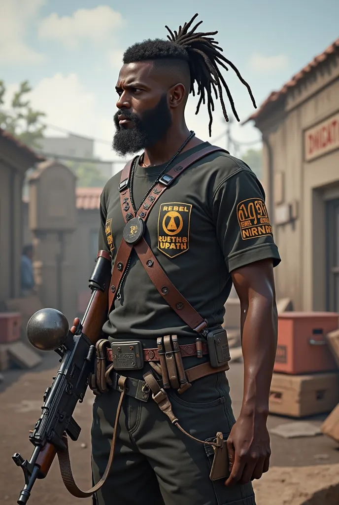 A black guy in rebel clothes with an AKM with rastas at the back of his head and the top trimmed nicely with beard. He has 678 NRNS TAI on his shirt. Background of PUBG broken buildings and death crates. He's from Vanuatu 