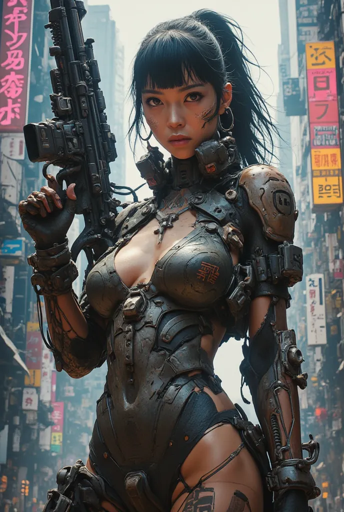 une femme cyborg sexy. cyberpunk. Composants cybernétiques. Vêtements cyberpunk . Queue de cheval et frange. poitrine tombante énorme. Très Large décolleté. Ville dystopique. Elle est armée d'un fusil de précision sniper. Elle porte une armure cybernetique...