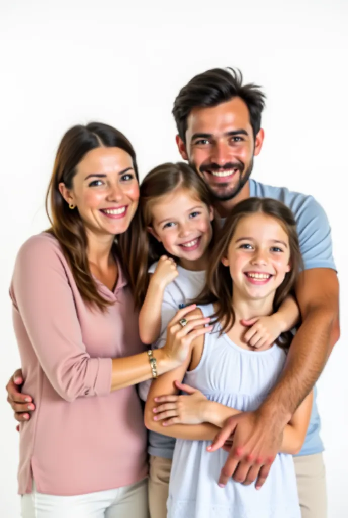 Create images of a family smiling sharply for advertisement, with white background