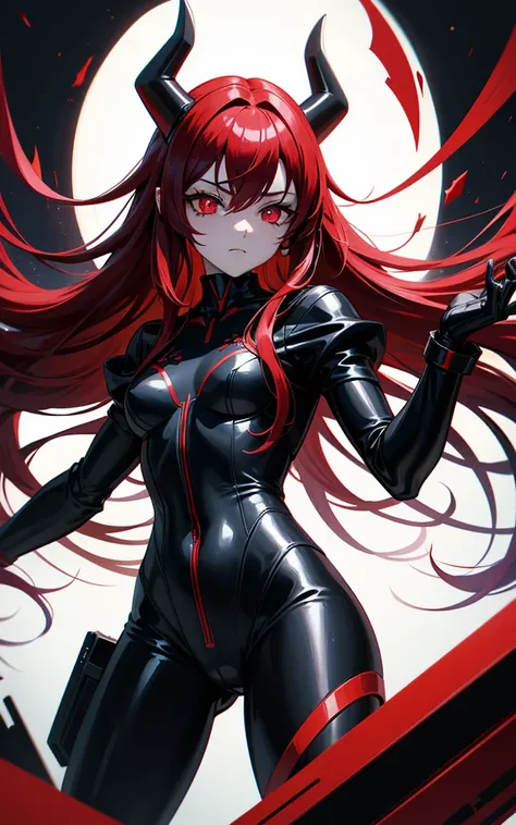 Cute demon girl with long red hair and red eyes pupils like a vertical line of black, pale skin, demon ears, small black leathers, lightweight black bodysuit