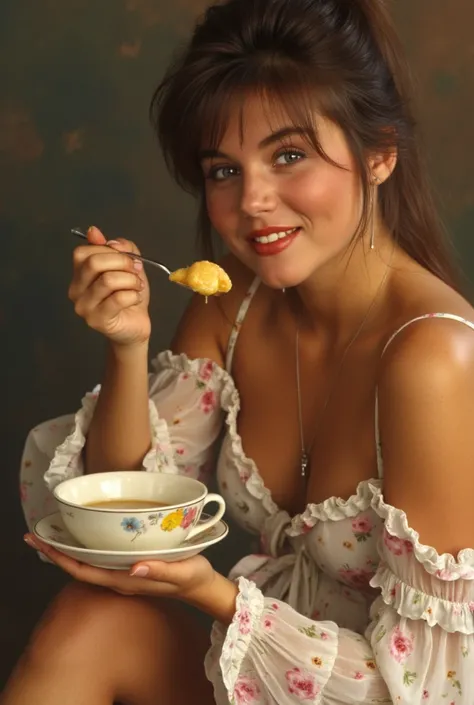 sexy photo realistic, realistic skin texture, grainy textured image and details,  homeschool pale mom making her adolescent son breakfast, model bombshell milf showing her floral sundress outfit off showing ass, seductive, arousing, 