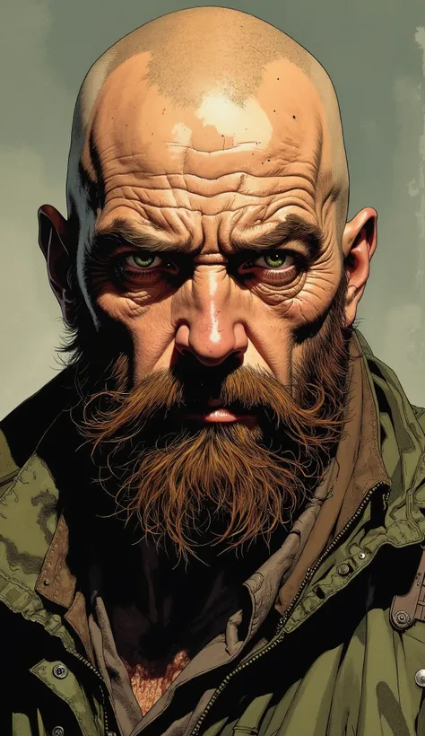 male eyes, 43-year-old white male, bald with brown beard green eyes