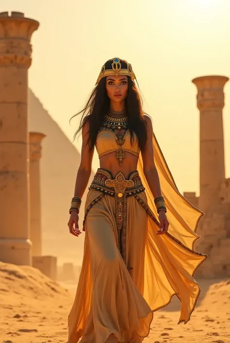 A video of a woman walking in ancient Egypt dressed as a pharaoh