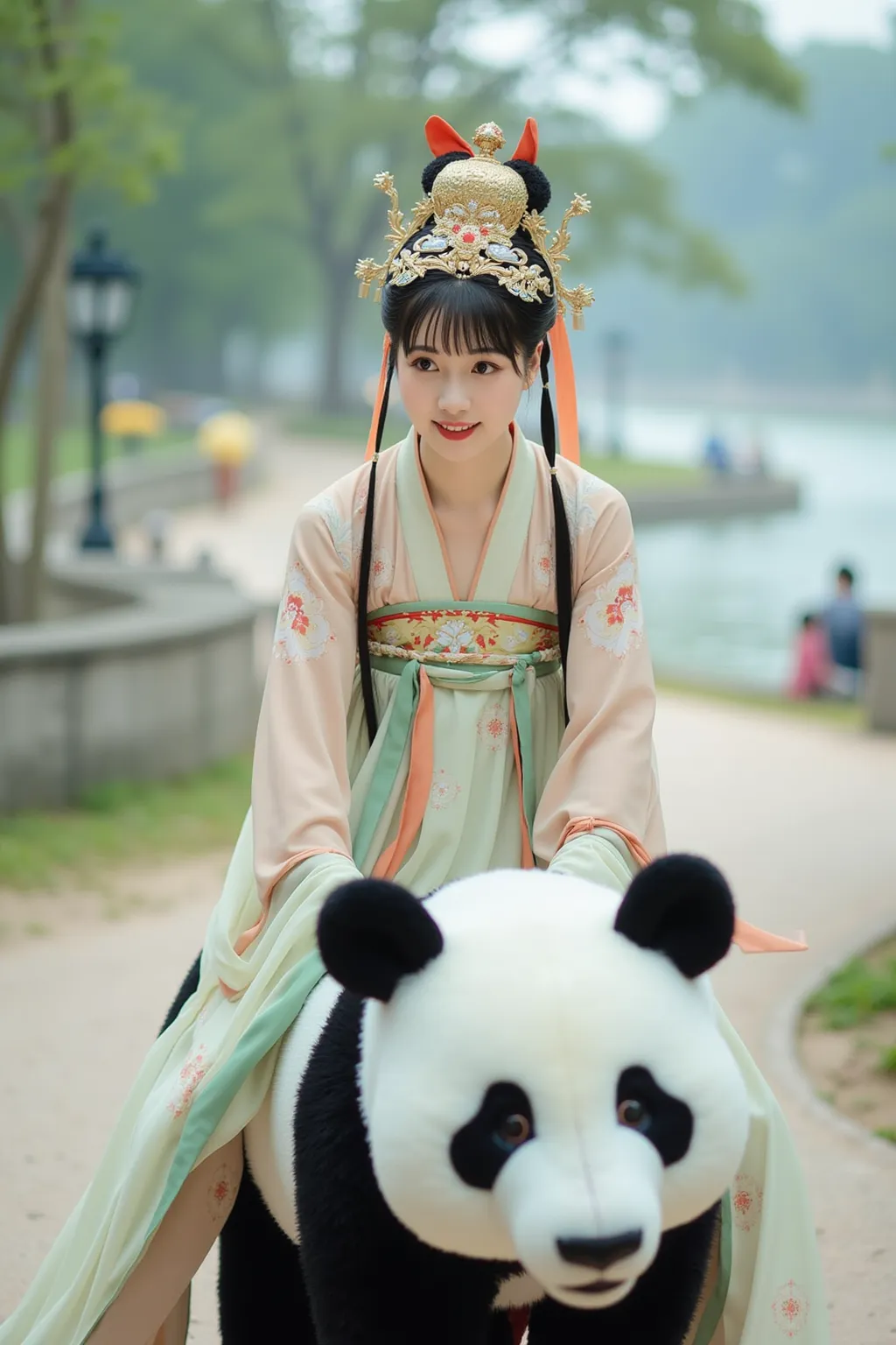 A woman in a traditional costume is running on a panda, Rainbow Bridge in the background, Hanfu, looks at one woman, palace ， A girl in Hanfu, navy,Hanfu, Wuxi, Full body martial arts, Carafe woman wearing old Chinese clothes , Cyansia Fantasy,  ancient Ch...