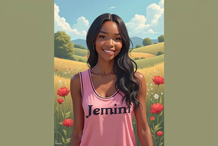  young black woman , cute, black jersey with Jémima writing, In the countryside, 